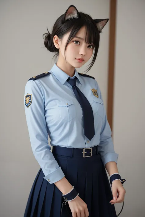 Cat girl, 8k、 anatomically perfect、30 years old、 cute beautiful girl、 miniskapolis、Policewoman uniform、Open-neck button-down shirt、black skirt、imprisonment、 medium breasts、 Strong Expression 、sunny Warehouse 、 female police officer holding handcuffs and li...