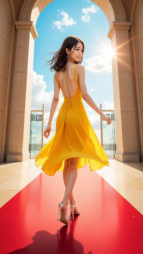 (Character)
front view of a Japanese woman in her 20s, natural dark hair color,Long shoulder-length hair, shaggy,
(clothing)
Sheer Material, bright yellow naked dress, The back is wide open below the waist,
(action)
she walks briskly on the red red carpet,...