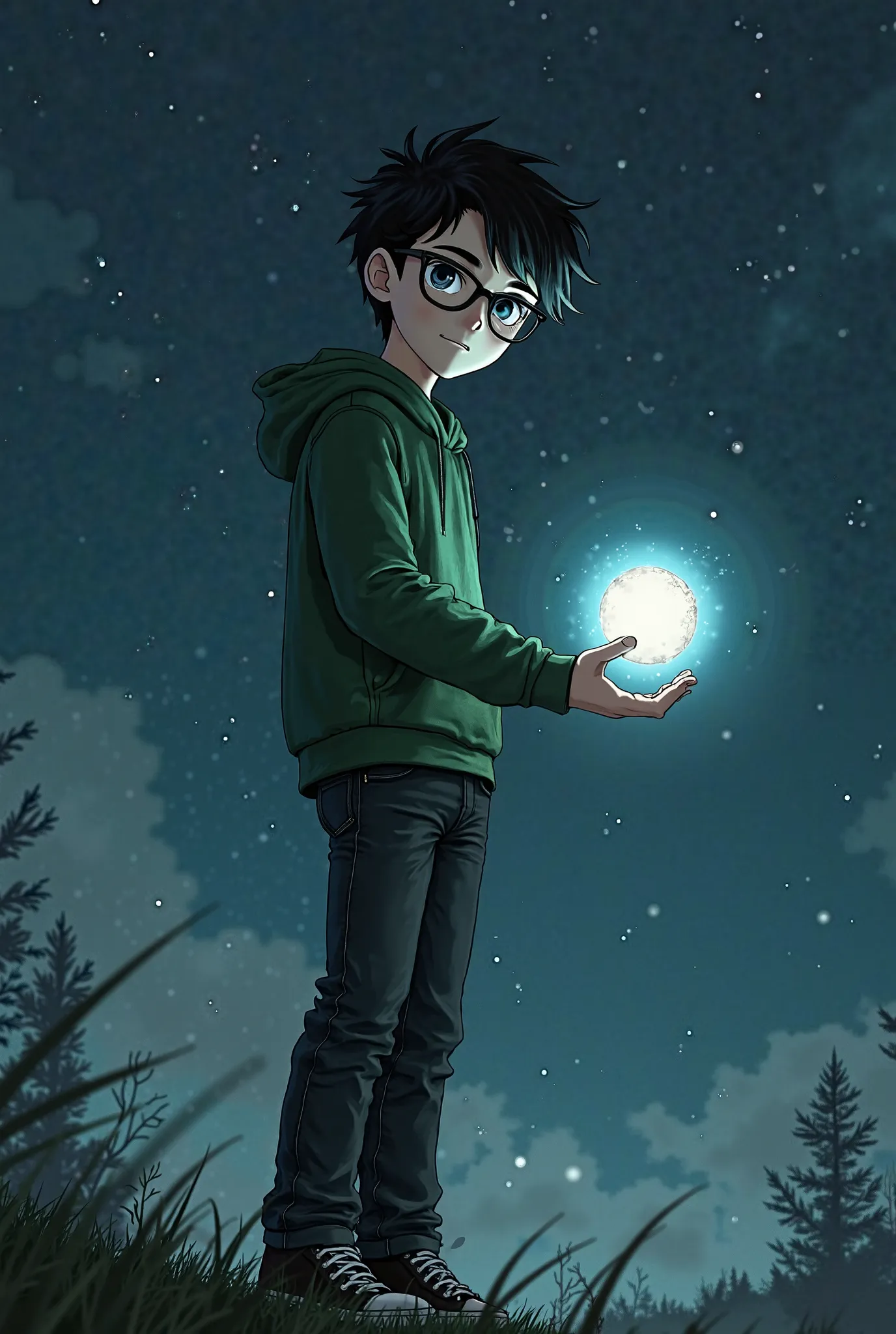 Boy with glasses, black hair and light gray eyes, white skin color, dark green poleron and black jeans and black sneakers and with his hand holding a sphere of power in the background of a night landscape