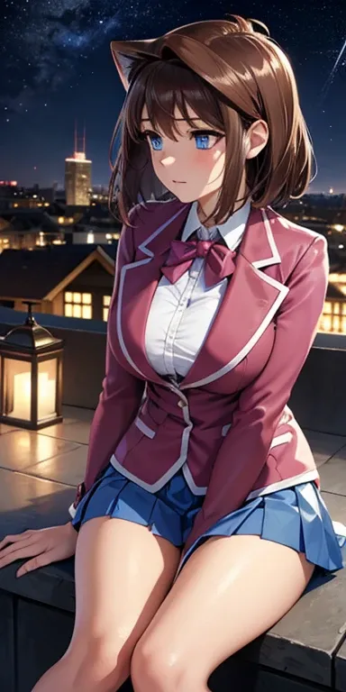   1 female,high definition,dementia,    ultra-realistic    ,8K, aamazaki, ( capillary antenna :1.2), blue eyes, blue,   pink jacket, blazer,  Long Sleeve Leather, blue skirt ,   Skinny skirt  ,   miniskirt,  pleated skirt  ,European,sexy, Close-up of the u...