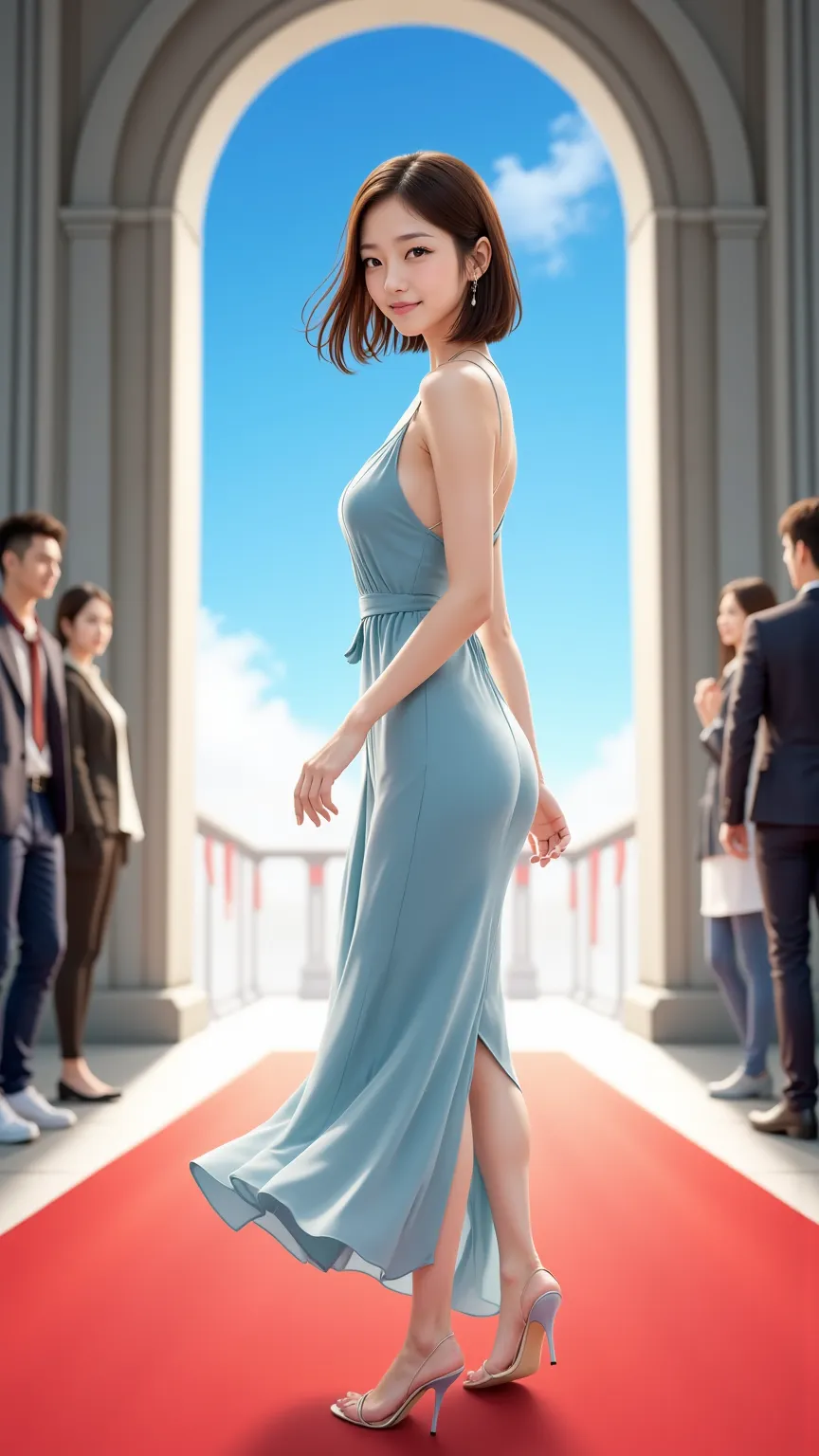 (Character)
front view of a Japanese woman in her 20s, natural dark hair color,Long shoulder-length hair, shaggy,
(clothing)
Sheer Material, pastel blue naked dress, The back is wide open below the waist,
(action)
she walks briskly on the red carpet,
and t...