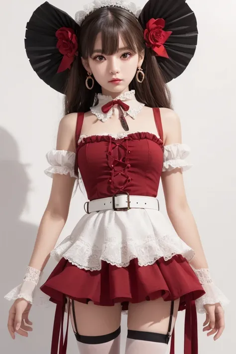  top quality , faceup,very detailed,masterpiece, ULTRA DETAIL,Alone,(Delicine eyes),(White background:1.3),red eyes, standing, belt skirt ,[trench coin:20],gem, mole_Down_eye,  in rot _in_viewer, Frilled_ headband, earrings for women with first name