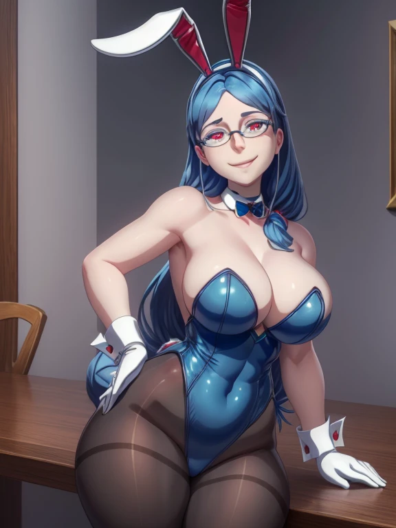 ((Best quality)), ((Masterpiece)), (detailed), 1girl, solo, Ursula Callitis, blue hair, red eyes, white pupils, glasses, smiling, deep cleavage, bunny, rabbit ears, dark blue leotard, detached collar, aqua bow, black pantyhose, wrist cuffs, white gloves,
