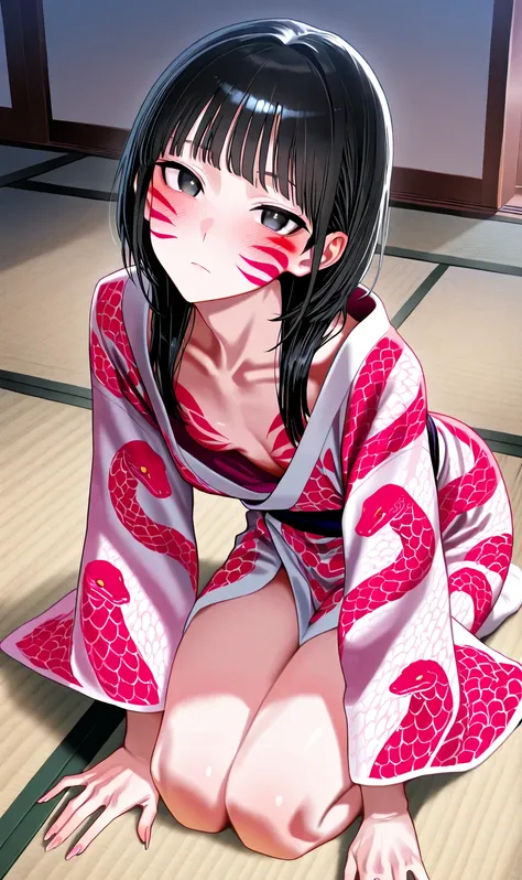 sfw, gyaru, cool beauty, retro future background, solo girl, japan hairstyle, black hair, small breast, breast closeup,[emaciated:1.3], expressionless, blush, Polite, wahuku costume, downblouse, leaning viewer, snake pattern body paint, naked seiza, no sho...