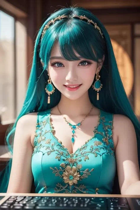 Masterpiece,  best quality ,  Ultra Details, illustration,( 1 girl), eyes drawn in beautiful detail,  Watch Your Audience, ( Hold up the computer keyboard ),  happy, ( turquoise hair:1), (Blue round eyes:1), (Round earrings), ( large turquoise jewelry neck...