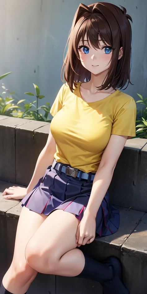     1 female,   high definition,   dementia ,        ultra-realistic        ,8K, aamazaki, ( capillary antenna   :1.2),  blue tie,blue eyes,falda rosa,((    miniskirt)),((   yellow t-shirt)),    belt,European,sexy,   Close-up of the upper body  ,      phot...