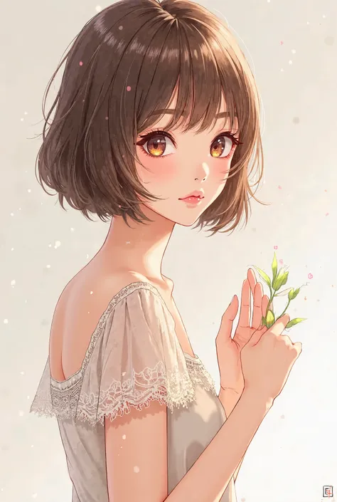 Manhwa panel, a young white girl with short brown hair and brown eyes, wearing an elegant short-sleeved shirt with lace and posing with her hands