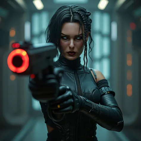 a woman in a futuristic outfit holding a gun in a room, starcraft 2 videogame character, sci-fi female, movie still of a villain cyborg, portrait of a cyborg queen, biblical female android, sci-fi android female, movie still of a cool cyborg, beautiful fem...