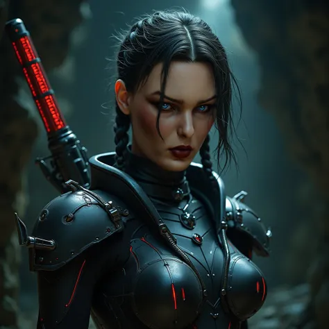 a woman in a futuristic outfit holding a gun in a room, starcraft 2 videogame character, sci-fi female, movie still of a villain cyborg, portrait of a cyborg queen, biblical female android, sci-fi android female, movie still of a cool cyborg, beautiful fem...