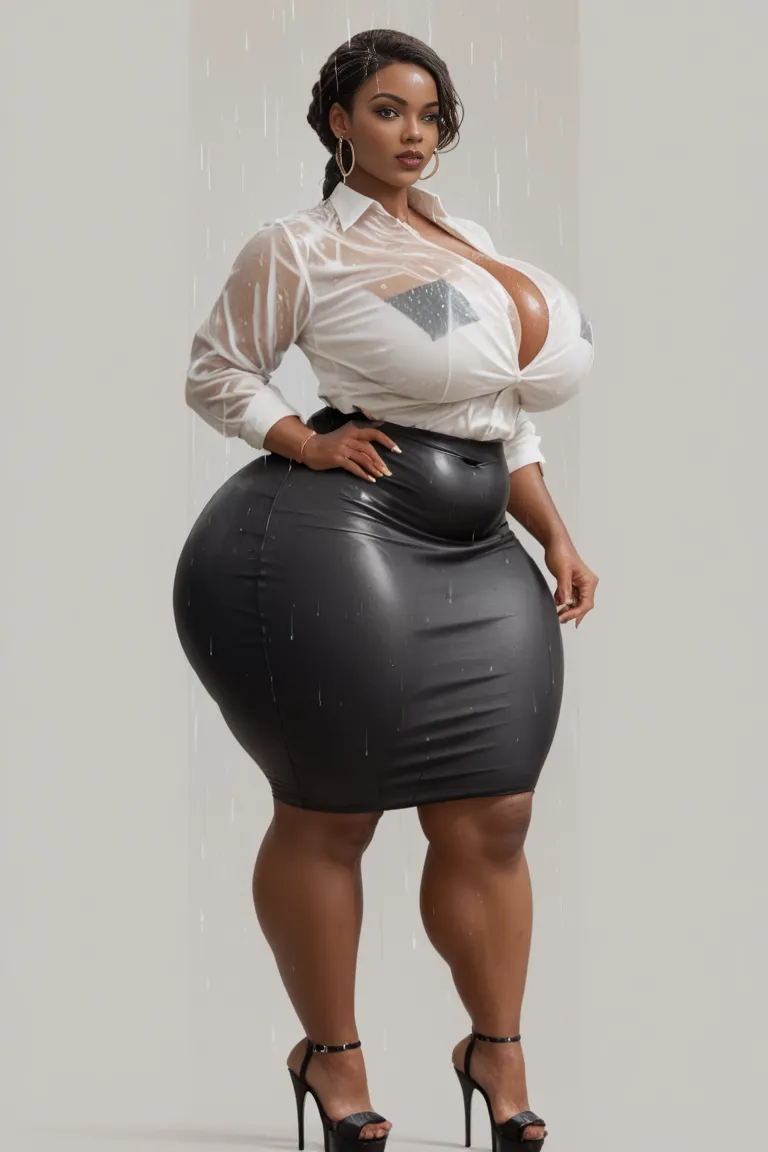 Solo, sexy curvy African ebony MILF, wide hips, curvy body, thick thighs, curvy legs, huge plump ass, brown skinned, tight skirt, long hair, platform high heels in rain storm.
