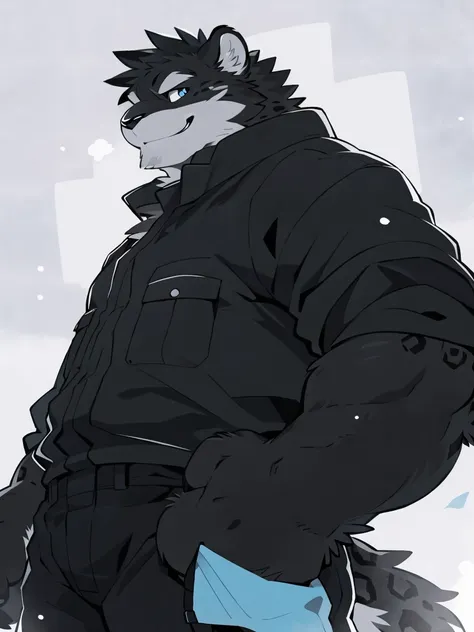 An all-gray black jaguar  ((All Black Hair 1.5)),  perfect blue eyes ,  (artist:Takemoto Arashi), mature face, adult,simple bottom , young face, brilliance, (dense fur:1.5), ( Clear facial details ), Wearing a cold blue and black outfit ,  Wearing black ca...