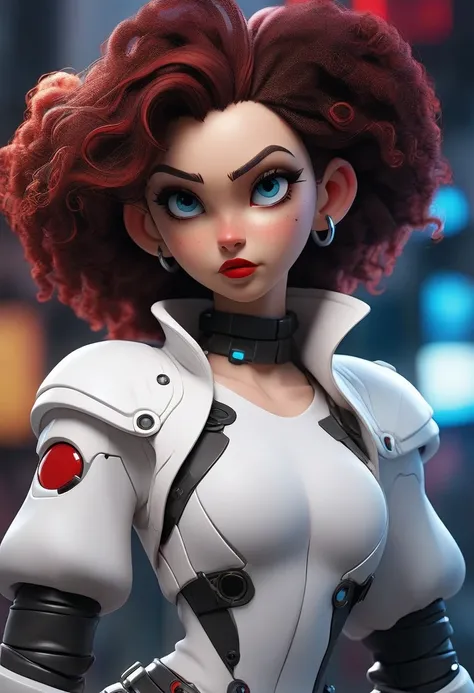 Close character woman cyborg curly hair color black,  blue eyes,  red lips, With white clothes details in red latex, in a cyberpunk world (gigantic breasts) 