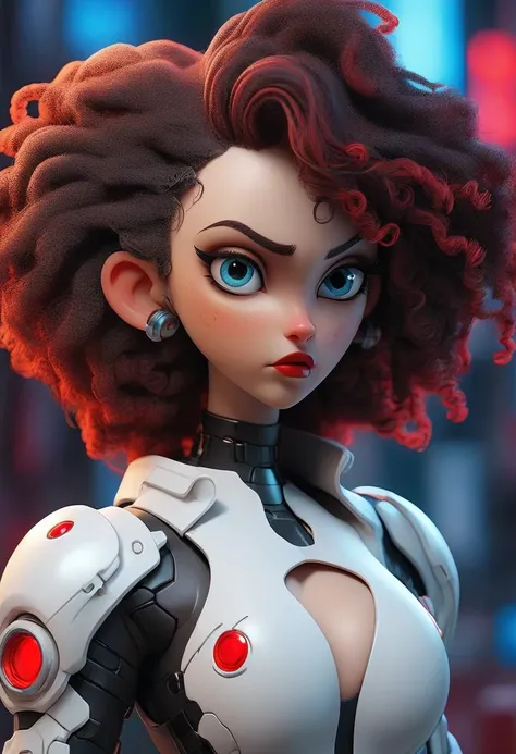 Close character woman cyborg curly hair color black,  blue eyes,  red lips, With white clothes details in red latex, in a cyberpunk world (gigantic breasts) 