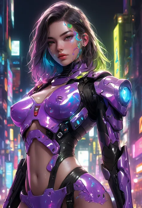   illuminated by neon lights , wearing futuristic fashion with holographic accessories, digital brushstrokes blending Renaissance style with modern science-fiction elements,  ultra-detailed, 8k, surrealist art, Trending on ArtStation
Colored painting of a ...