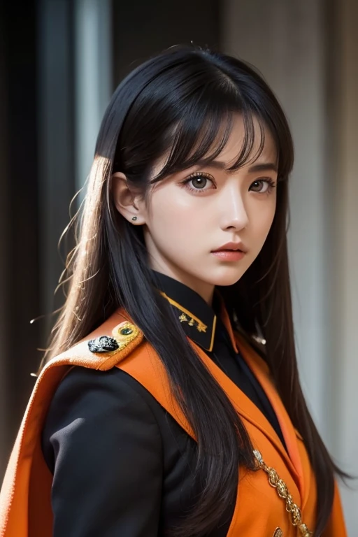  white girl with long black hair is wearing a military uniform,  Orange Cape , Big hazel eyes,  Science Fiction , Dark mood, 