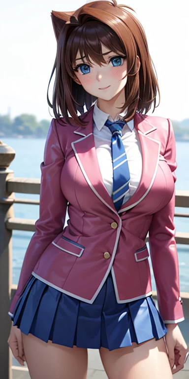  1 female,high definition,dementia,  ultra-realistic  ,8K, aamazaki, ( hair antenna:1.2), blue eyes, blue,  pink jacket, blazer,  Long Sleeves Leather, falda blue,  Skinny skirt ,  miniskirt, pleated skirt , big breasts,European,sexy,Close-up of the upper ...