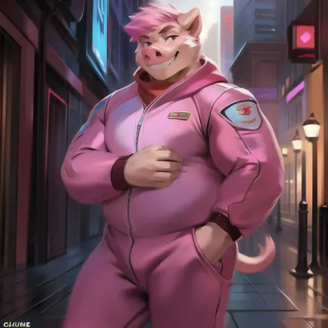 Solo, male, standing, street, pig, pink military spacesuit,Wear a red scarf., overweight, muscular, Smirking psychosis,Short pink hair, by chunie​