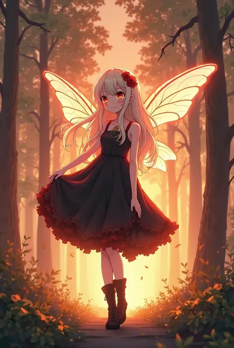 a girl with platinum blonde hair, adult, red eyes, soft bands, black dress with long red straps , black boots,  thin, beautiful, standing in a forest , looking at the sky, with big fairy wings,looking happy ,  with beautiful sunset lighting,  best quality,...