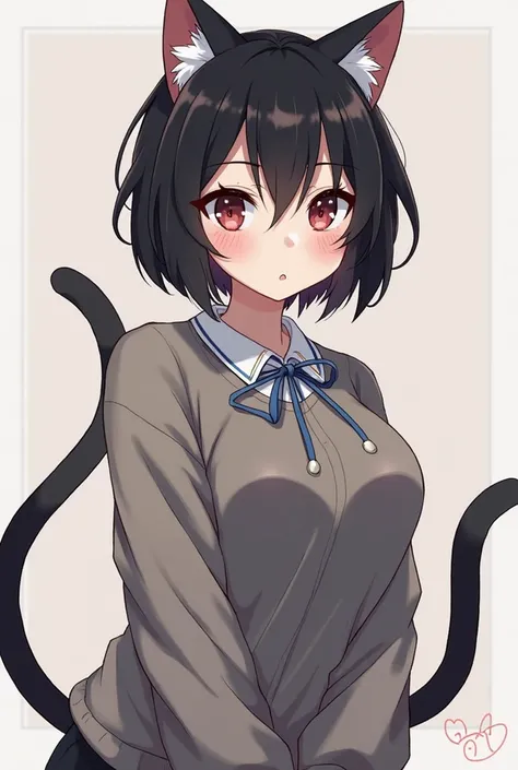 Black short hair, cat ears, cat tail, cute face, 18 year old, chest size is large. Hip size is medium. 몸은 Athletic. What I like is that Nago Quyang is a cute girl with big boobs and hips and a very cute girl