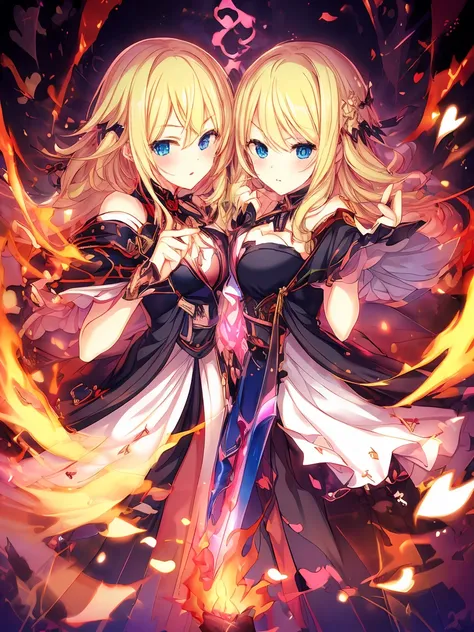  2 girls,so cute.Their clothes are studded with many symbols of spades, hearts, and diamonds.
((the first girl has a sword in her right hand. .She has long blonde hair.))
( the second girl is putting fire magic out of her finger. She has short black hair.)...