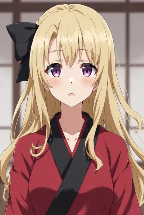 a woman from the anime jujutsu kaisen, she has long hair, wears a red and black kimono, She has a black bow in her hair, her hair is very light blonde, she has half-droopy, half-open eyes the eyes are light purple in color.