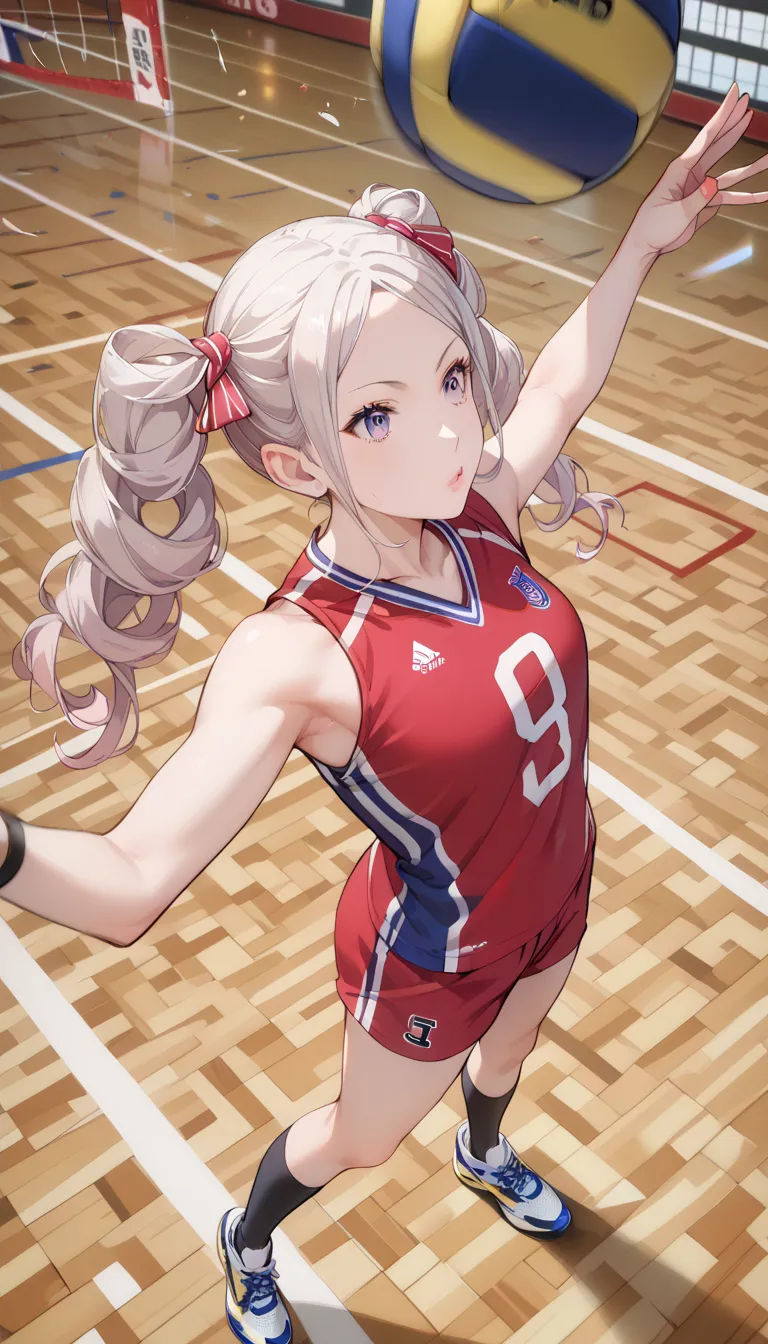 (Has long pale hair that is almost creamy，Double-wound ponytails are woven in vertical rolls)，pinklip、(volleyball player reaching for a ball with her right hand), Sports photography, wearing a volleyball jersey, Athlete Photos, Sports photography, volleyba...