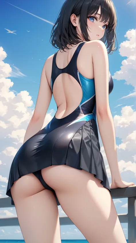 (masterpiece,best quality,ultra detailed,high resolution),(realistic:0.3),show crotch,lady,beautiful eyes,black hair,cool eyes,competition swimsuit,mini-pencil-skirt,beautiful sky,from behind,