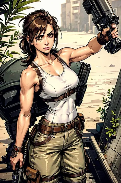 a military woman, well trained body, white sleeveless t-shirt, Exposed collarbone, beige leather shelter, blue pants, two leather belts with gun pockets, dark brown hair, carving, Brown eyes, hazel left eye, left eye with a scar, beach shore, at daytime, g...