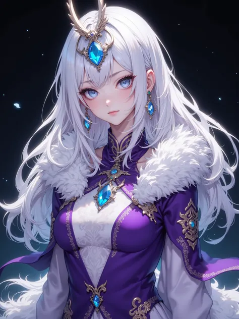 A beautiful deity Holy woman，bright white with flowing hair，Mysterious blue eyes，Elusive purple dress，Cool expression。Elaborate body，Elegant style，White fur trim，White grassy skirt。Various colorful gemstone accessories。 Extremely detailed depiction ，Extrem...