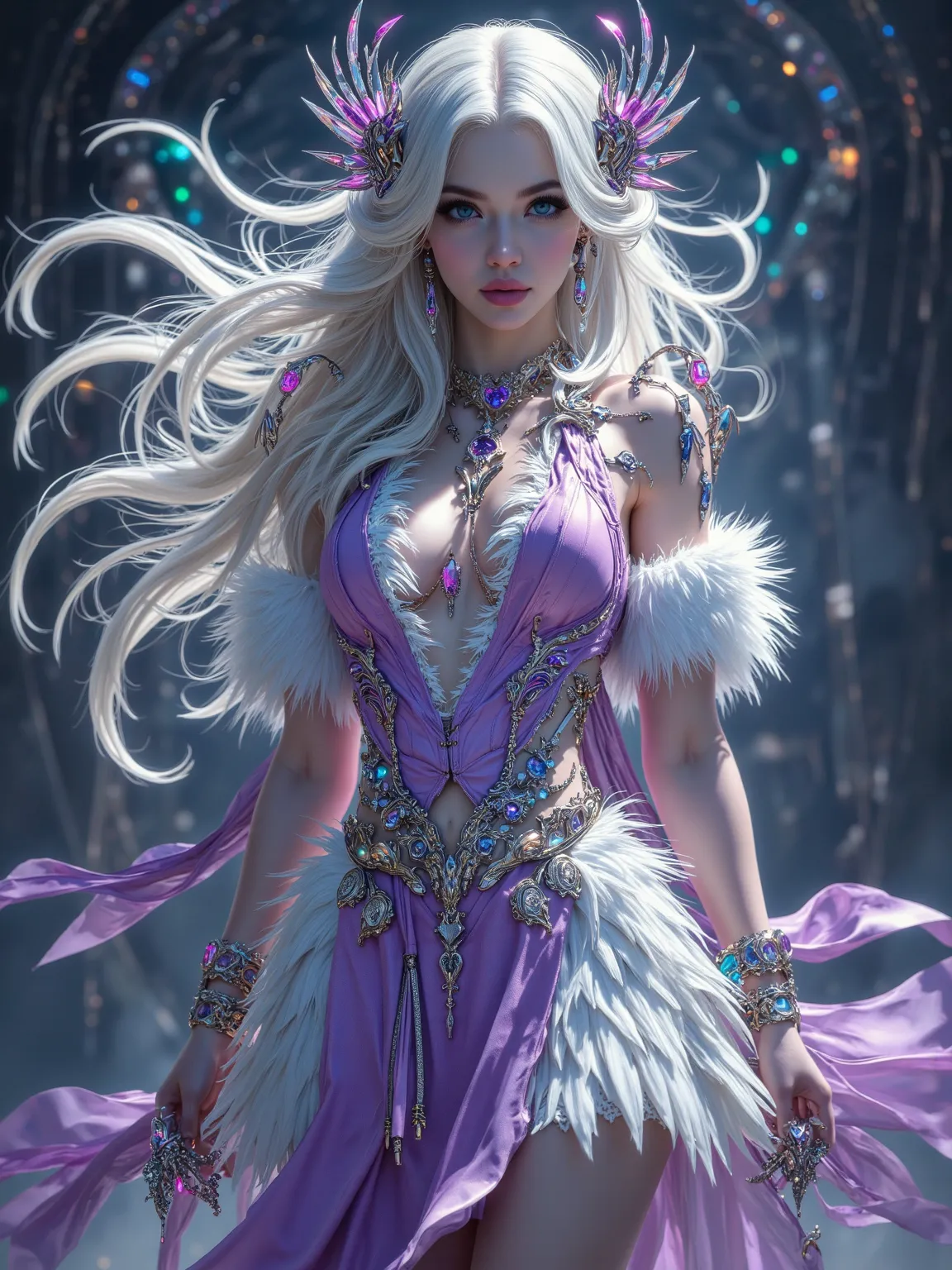 A beautiful deity Holy woman，bright white with flowing hair，Mysterious blue eyes，Elusive purple dress，Cool expression。Elaborate body，Elegant style，White fur trim，White grassy skirt。Various colorful gemstone accessories。 Extremely detailed depiction ，Extrem...