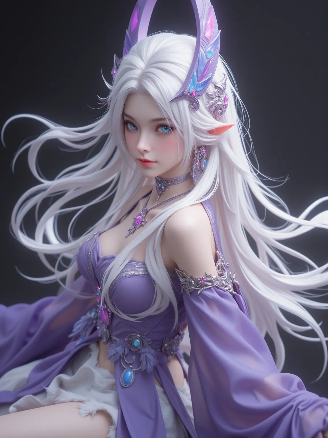 A beautiful deity Holy woman，bright white with flowing hair，Mysterious blue eyes，Elusive purple dress，Cool expression。Elaborate body，Elegant style，White fur trim，White grassy skirt。Various colorful gemstone accessories。 Extremely detailed depiction ，Extrem...