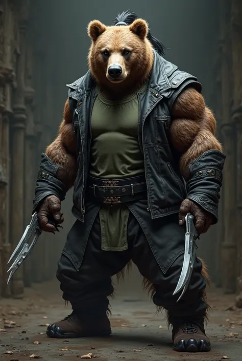 Mortal Kombat character as a Kodiak bear with black ponytail, black eyes, camo green T-shirt, black leather jacket, black pants and black boots. He wields ninja claws.