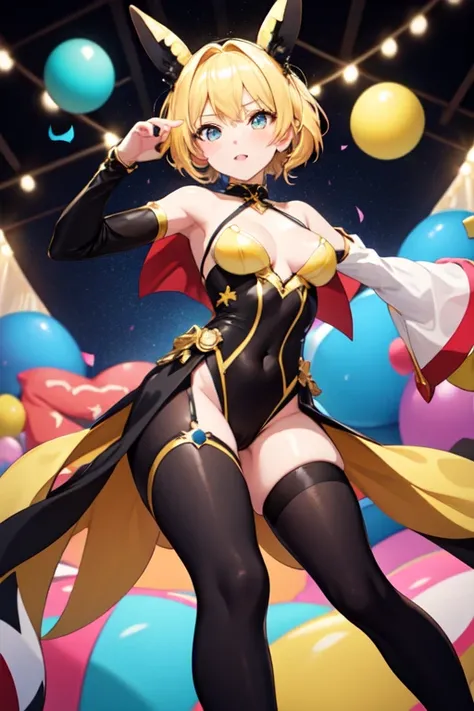 A blond girl in a black harlequin costume and yellow details, He is in a circus tent giving a show on a ball while there are streamers falling, that the perspective is from below and that is anime style 