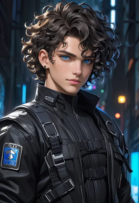 Male character wearing police costume cyborg blue eyes curly hair short cut black with black clothes leather details in a cyberpunk world 