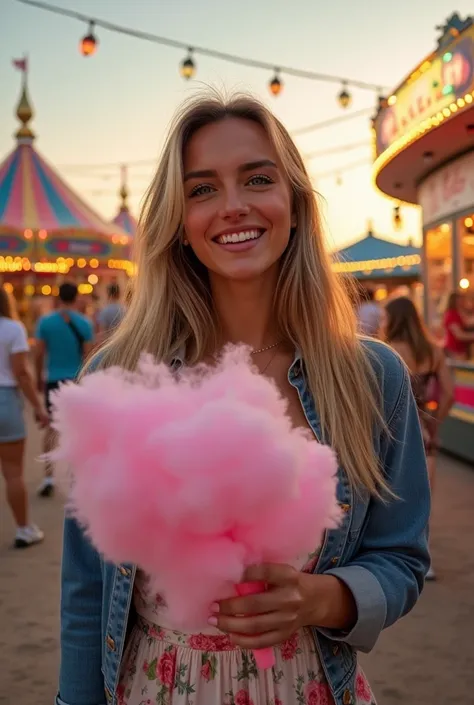 A breathtakingly beautiful model, alexannlp, with a radiant smile enjoys a lively evening at a bustling fairground. Her long, golden blonde hair is styled in loose waves, catching the warm glow of the fair's lights, and her natural makeup enhances her glow...