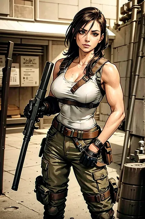 a military woman, well trained body, white sleeveless t-shirt, Exposed collarbone, beige leather shelter, blue pants, two leather belts with gun pockets, dark brown hair, carving, Brown eyes, hazel left eye, left eye with a scar, beach shore, at daytime, g...