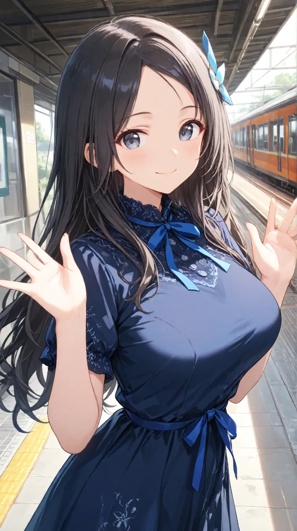 
masterpiece,large breasts, long hair, (black hair) , bangs, （1girl1.5）,Blue Ribbon hair ornament、Blue Ribbon, 18 years old、breast focus、looking at viewer，Whole Head ,train station, waving,Cute clothes、smile