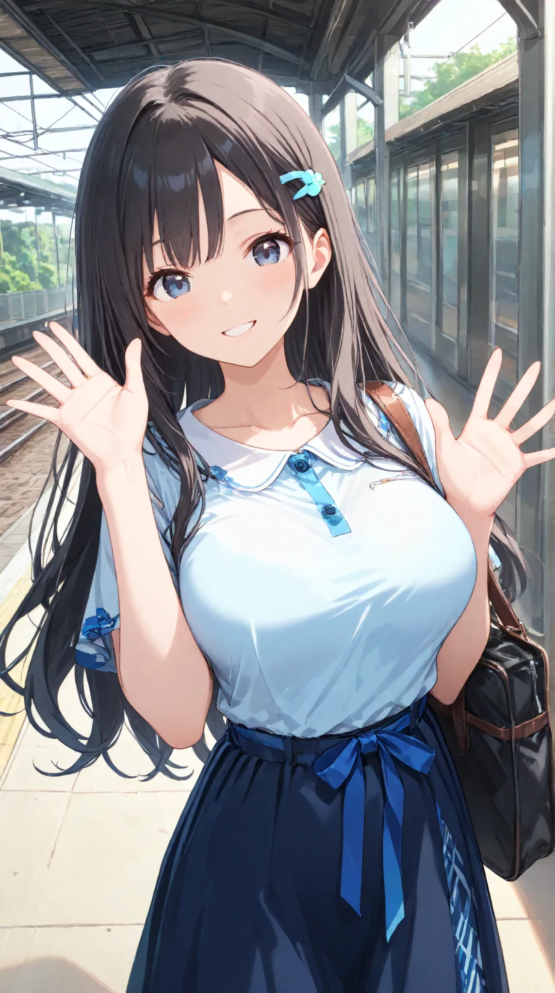 
masterpiece,large breasts, long hair, (black hair) , bangs, （1girl1.5）,Blue Ribbon hair ornament、Blue Ribbon, 18 years old、breast focus、looking at viewer，Whole Head ,train station, waving,Cute clothes、smile