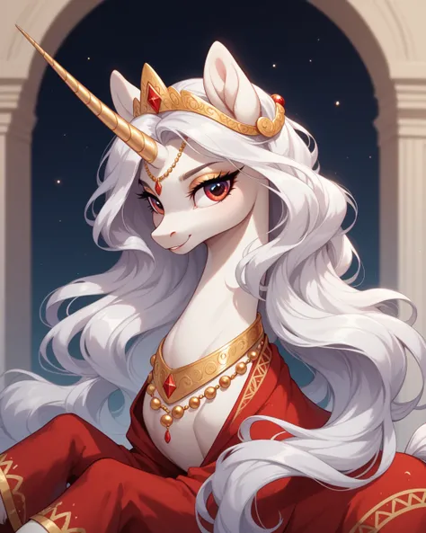 Pony a beautiful red unicorn mare with a long, flowing mane and tail. Her silver horn is extremely long and thin. She may have a slim Arabian build, but her wavy mane and feathered feet say otherwise. Gold beads adorn her face, mane, and tail.