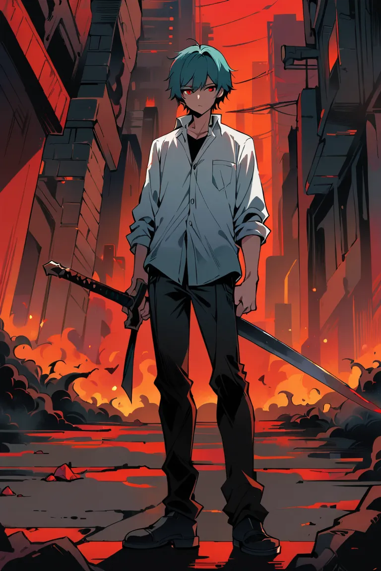 1boy ,solo, white button down shirt, black undershirt, black jean pants, black shoes, teal hair, neck scar, red eyes, stoic look, city, sidewalk, hell, red sky, holding sword, standing,  High Resolution, Masterpiece, Best Quality, 