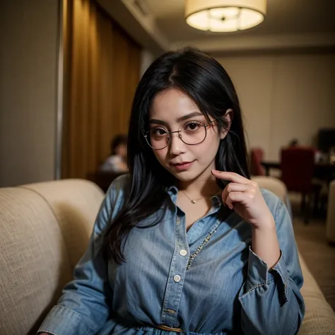 top quality, 8K, 4K, high definition, Beautiful girl with round glasses, girl with dark hair, everyday clothes in Japanese style, Hotel Lounge, upper body shown,