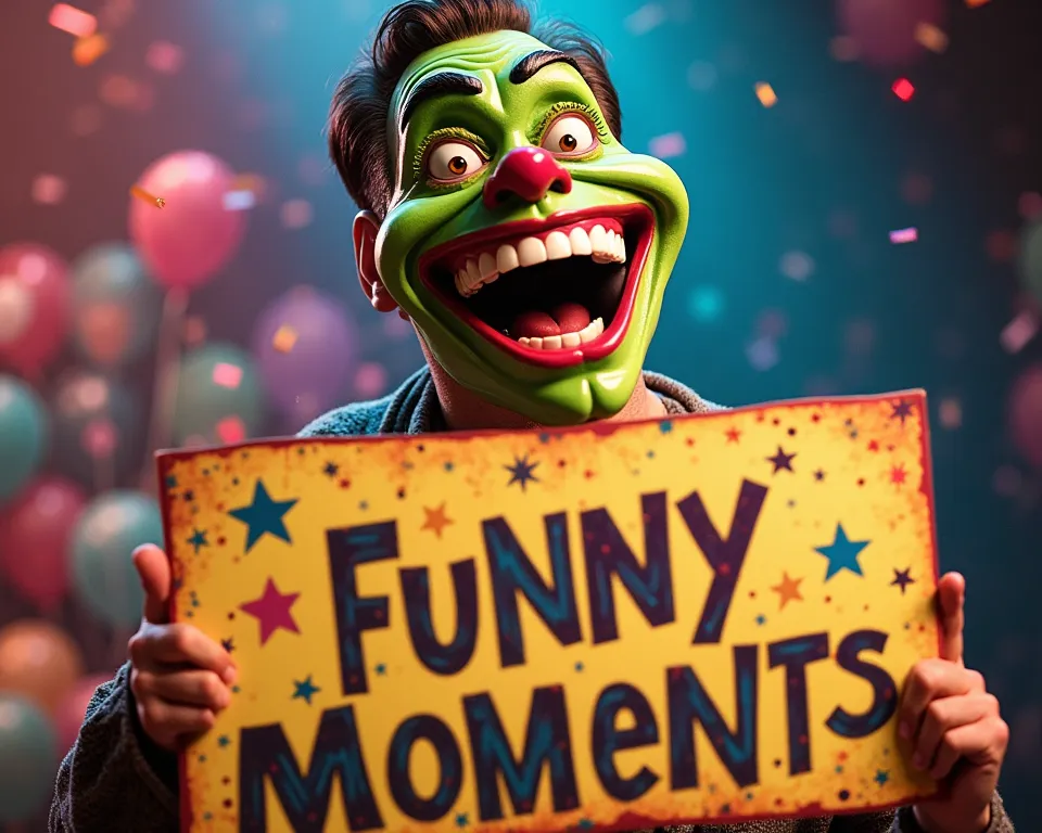 Subject: Jim Carrey, wearing a colorful, exaggerated comedy mask (similar to the one from The Mask movie—green face, big eyes, and a wide, toothy grin).

Expression: He is laughing hysterically, with tears streaming down his cheeks from laughing so hard. H...