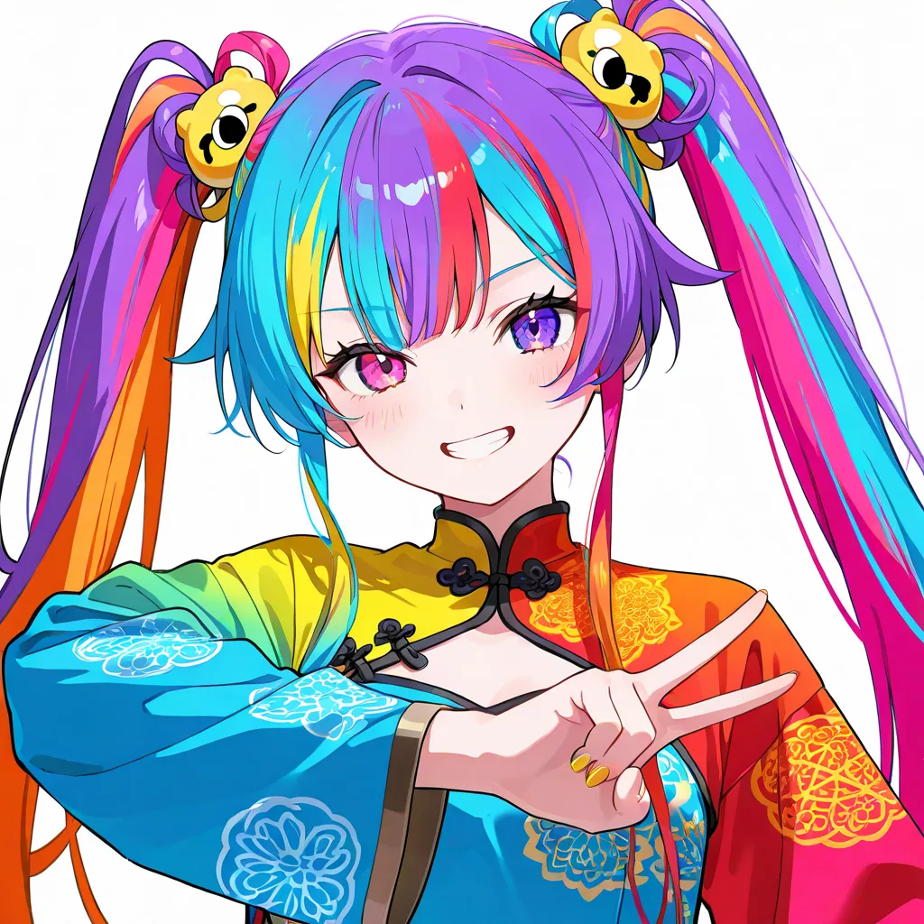  colorful hair（right hair red or orange　Left hair is blue or purple　bangs etc. are yellow）　twin tails　 purple eyes　Chinese clothes　makes me grin　Peace sign in hand