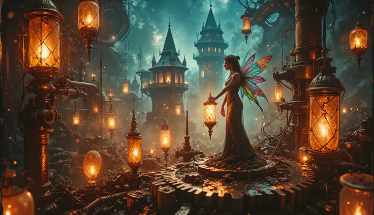 A vibrant fairy with shimmering translucent wings stands on the edge of a massive bronze gear, holding a flickering lantern infused with magical energy. Around her, countless mechanical components intertwine, creating an elaborate steampunk dreamscape. Glo...