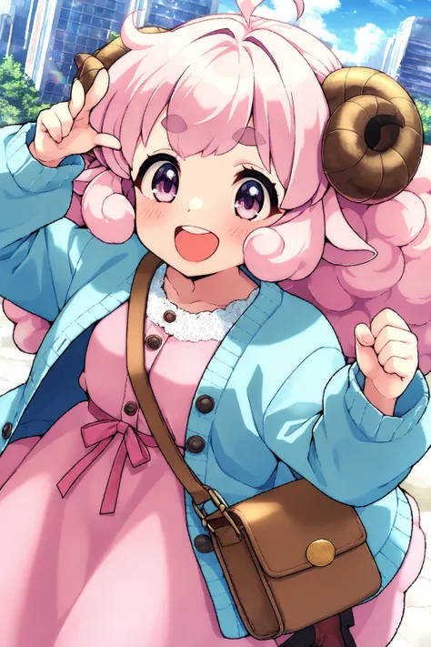 masterpiece, best quality, amazing quality, very aesthetic, high resolution, ultra-detailed, absurdres, newest, Anime screencap, highly detailed, high quality, Intricate:1.4, BREAK, (1girl, ひつじちゃん,  fluffy hair\long\pink, thick eyebrows:1.1, round sheep ho...