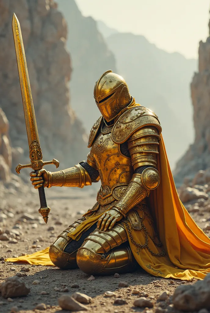 Please, create the image of a kneeling warrior in golden armor holding a sword on his right