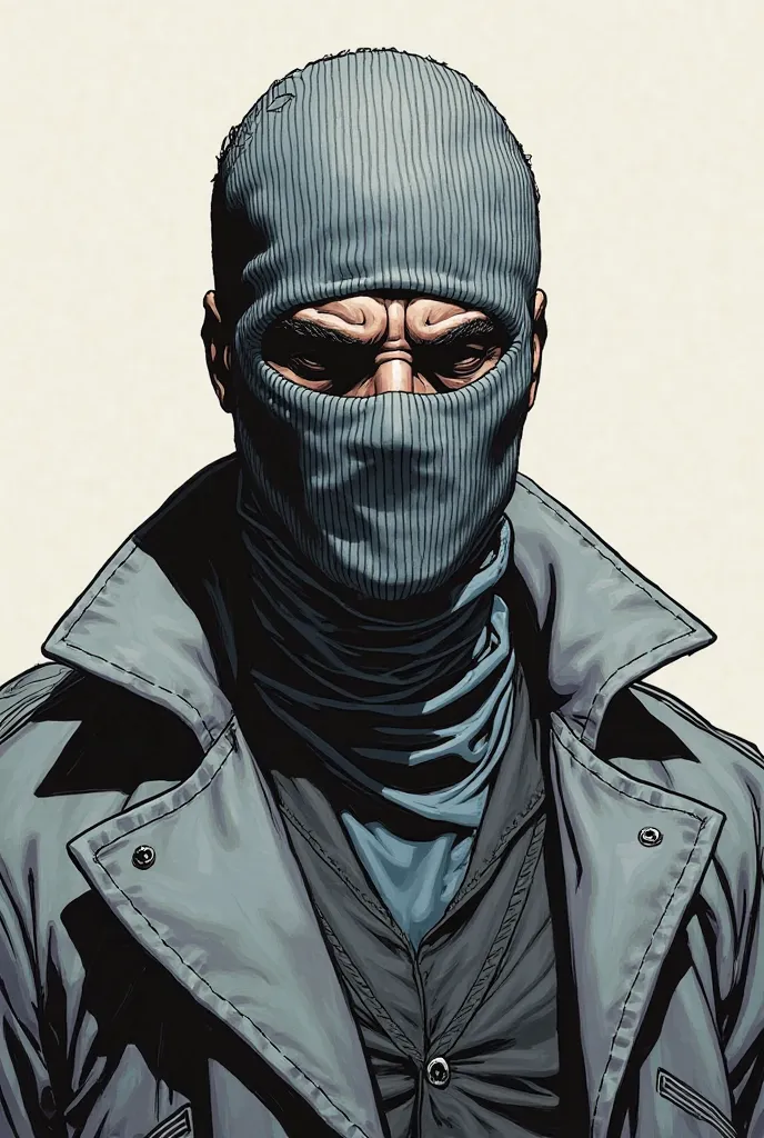 Man dressed in detective, and wears a gray cloth mask with vertical lines that covers his entire head,  in which there is a hole in the shape of an elongated horizontal rectangle for the eyes, comic book style clothing drawn by Frank Miller