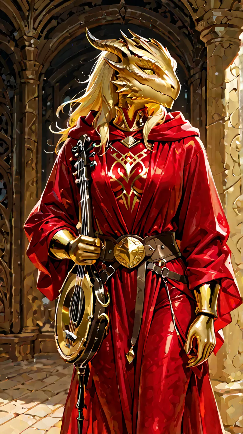 Dragonborn gold body gold female with bard robes and instrument musica dungeons and dragons 