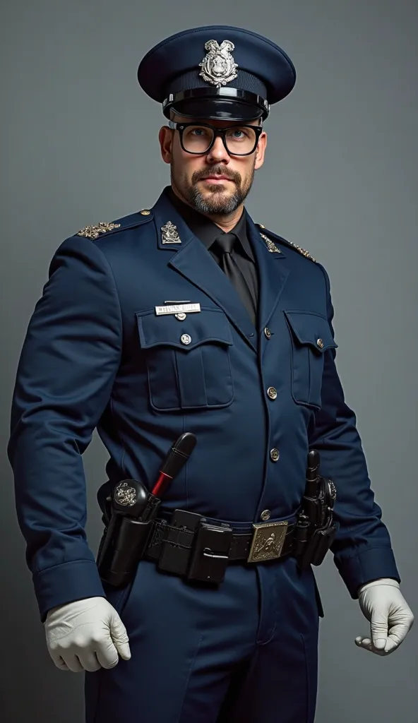 whole body, He's a strong police officer . Wearing a blue hat and black glasses. dark blue uniform, Short beard，
Wearing white gloves. your sharp eyes and confident temperament ，Big penis，Jerking off
