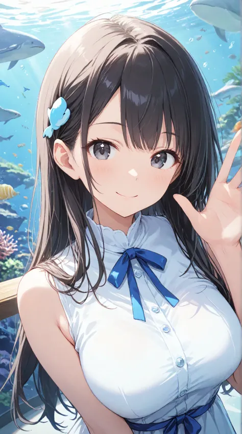 
masterpiece,large breasts, long hair, (black hair) , bangs, （1girl1.5）,Blue Ribbon hair ornament、Blue Ribbon, 18 years old、breast focus、looking at viewer，Whole Head 、aquarium, waving,Cute clothes、smile